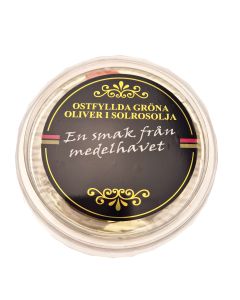 Ostfyllda gröna oliver, 200g